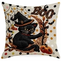 Halloween decorative square pillowcase featuring a black cat, moon, and Boo print - Wizard Hat Black Cat Moon Style (HYMD20-3)