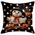 Halloween throw pillow cover with white ghost and pumpkin embroidery print on black dots - Witch Hat Ghost Scarf Style (HYMD20-4)