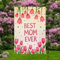 Detail of Best Mom Ever garden flag with floral tulip print in a lush backyard garden - Off-White Woven Texture Tulip Style (HYQ84-19)