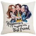 Detailaufnahme Kissenbezug aus Leinen mit Best Friend Illustration und Zitat - Drei Freundinnen Umarmung Stil (DYM319-1)