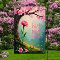 Detail of Best Mom Ever garden flag with cherry blossom design on a metal stand - Cherry Blossom and Pink Flower Style (HYQ84-18)