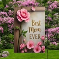 Muttertag Gartenfahne mit Blumen Best Mom Ever Schriftzug und schwarzem Metallständer - Cremeweißer Pfingstrosenstil (HYQ84-3)