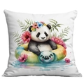 Federa per cuscino con panda carino, corona di fiori e ciambella gialla su bianco - Peluche Corto Lato Singolo Senza Anima / Stile Panda e Salvagente Giallo (CDR298-2)