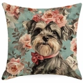 Floral dog printed decorative pillow cover with pink roses on vintage blue background - Yorkshire Terrier Cyan Blue Background Art (TYMD23-20)
