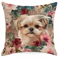 Detailed macro view of floral dog pillow cover featuring realistic shih tzu illustration - Shih Tzu Vintage Floral Background (TYMD23-16)