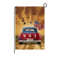 Patriotic USA garden flag featuring a red vintage truck and American flag on a metal stand - USA Freedom Red Truck Style (HYQ80-25)