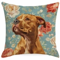 Macro detail of the floral dog pillowcase showing the realistic pit bull art and fabric - Bull Terrier Gray Blue Vintage Background (TYMD23-9)