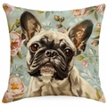 Detail of floral French Bulldog pillow case showing linen texture and rose art pattern - French Bulldog Light Green Background (TYMD23-5)