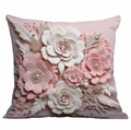 3D floral throw pillow cover with embossed pink flowers and pearl accents on white background - Exquisite Beaded Style (DLD4-16)