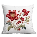 Floral embroidered style white pillow cover with vibrant red flowers and green leaves - Single-Sided Print No Insert
