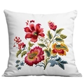 Square white cotton cushion cover with colorful floral embroidery for spring sofa decor - Rich Flower Cluster (CDR300-8) / Single-Sided Print No Insert