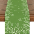 Chemin de table en lin vert herbe avec motifs floraux blancs élégants pour décoration de table - 33*183cm