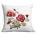 White pillow cover with elegant pink flower embroidery and green leaves on cotton fabric - Pink Peony Pattern (CDR300-14) / Single-Sided Print No Insert