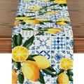 Chemin de table en lin avec motifs carreaux bleus méditerranéens et imprimés citrons - 33*183cm