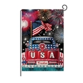 Double-sided USA garden flag with red truck and fireworks on black iron stand - Vintage Red Truck Fireworks Style (HYQ80-13)