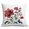 Square floral embroidered cushion cover featuring red flowers on a white base fabric - Single-Sided Print No Insert