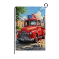 Garden flag featuring vintage red truck with USA logo and Corgi dog on blue sky background - Hyq80-16