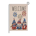 Patriotic USA garden flag with three gnomes and welcome sign on a metal hanger - Welcome USA Three Gnomes Style (HYQ80-21)