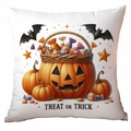 Halloween pumpkin cushion cover with Treat or Trick print on white background - Pumpkin Basket Candy Style (TDLD87-22)