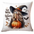 Detail of Halloween pillowcase with witch girl and pumpkin print on white fabric - Witch Hat Girl Pumpkin Style (TDLD87-17)