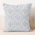 Detail of white throw pillowcase with light blue symmetric geometric patterns on a sofa - Mandala Blue Pattern (HMDS63-8)