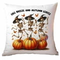 Detailed close-up of pumpkin Halloween cushion cover with festive dancing skeletons print - Witch Hat Skeleton Dance Style (TDLD87-8)