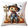 Detail of Halloween pumpkin scarecrow print on white pillow cover with Welcome Fall text - Pumpkin Scarecrow Style (TDLD87-1)