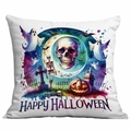 Detail view of polyester pillowcase featuring a watercolor skull and pumpkin Halloween print - Watercolor Skull Ghost Pumpkin Style (TDLD86-18)