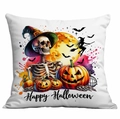 Detail of Happy Halloween polyester pillowcase with wizard skull and pumpkin prints - Orange Full Moon Pumpkin Style (TDLD86-6)