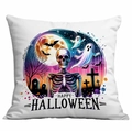 Detailed view of Halloween pillow cover featuring a skull, ghost, and bat festive graphic - Center Skull Ghost Style (TDLD86-15)