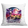 Detail of Halloween polyester pillowcase featuring a watercolor skull and spooky moon design - Purple Shadow Skull Full Moon Style (TDLD86-11)