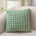 Sage green faux rabbit fur square pillow cover with 3D checkered plush texture - Green