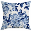Primer plano de motivos florales azules en cojín cuadrado con textura de tela fina - 45*45cm Lino Una Cara Sin Núcleo / Patrón Artístico de Peonía Azul (DYM328-3)