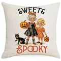 Federa per cuscino Halloween in lino con illustrazione retrò di zucca e gatto - Ragazze Vintage Dolce Spaventoso (DYM327-4)
