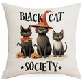 Federa per cuscino in lino a tema Halloween con gatti neri e zucche su base crema - Società dei Gatti Neri (DYM327-3)