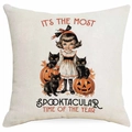 Dettaglio della texture in lino sulla federa di Halloween con stampa vintage - Gatto Nero e Zucca Illustrazione Vintage (DYM327-1)
