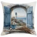 Coastal beach cushion cover with watercolor blue window and lighthouse print on linen - Blue Window Lighthouse Style (DYM323-1)