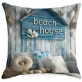 Coastal Beach House square pillow cover with blue wood texture and ocean seashell pattern - Beach House Style (DYM323-2)