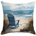Coastal beach theme square throw pillow cover featuring blue beach chairs and seagulls - Beach Chair Seagull Style (DYM323-3)