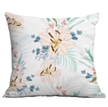 Square pillowcase with tropical lily and mint green leaf print on a white background - Pink Lily Greenery (CDR283-26)
