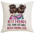 Kissenbezug aus Leinen mit Best Friends Aquarell Illustration und Freundschaftsspruch - Mädchen mit Dutts Umarmung Rückansicht Stil (DYM319-5) / 45x45cm (Einseitiger Druck, Ohne Füllung)