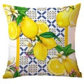Short plush square throw pillow cover with yellow lemon and blue tile pattern - Mediterranean Lemon Tile (CDR299-1)