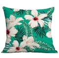 Tropical square pillow cover with white hibiscus flowers and green palm leaves - Blue Base White Hibiscus (CDR283-28)