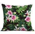 Square cushion cover with tropical pink hibiscus and green palm leaves on dark brown base - Dark Base Tropical Blooms (CDR283-32)