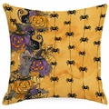 Detail of square Halloween pillowcase with pumpkins, black cat, and spider patterns on cotton - Orange Tombstone Pumpkin Cat (DYM326-3)