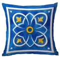 Funda de cojín cuadrada con estampado de limón y diseño floral mediterráneo azul - Azulejo De Flores Amarillas Centro Azul Oscuro (CDR299-10)