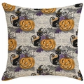 Detail of Halloween pillowcase with black cat, carved pumpkin, and spider web patterns - Grey Pattern Festive Elements (DYM326-12)