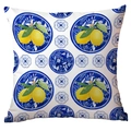 Funda de cojín de felpa corta con limones amarillos y motivos florales azules - Limón Siciliano Mediterráneo (CDR299-11)