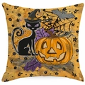 Detail of Halloween pillowcase featuring black cat, pumpkin and witch hat patterns - Black Cat Pumpkin Pattern (DYM326-1)