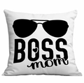 Housse de coussin blanche avec texte BOSS mom noir et motif lunettes de soleil - Style Boss Mom Lunettes (CDR317-2) / 45x45CM (Sans Noyau)